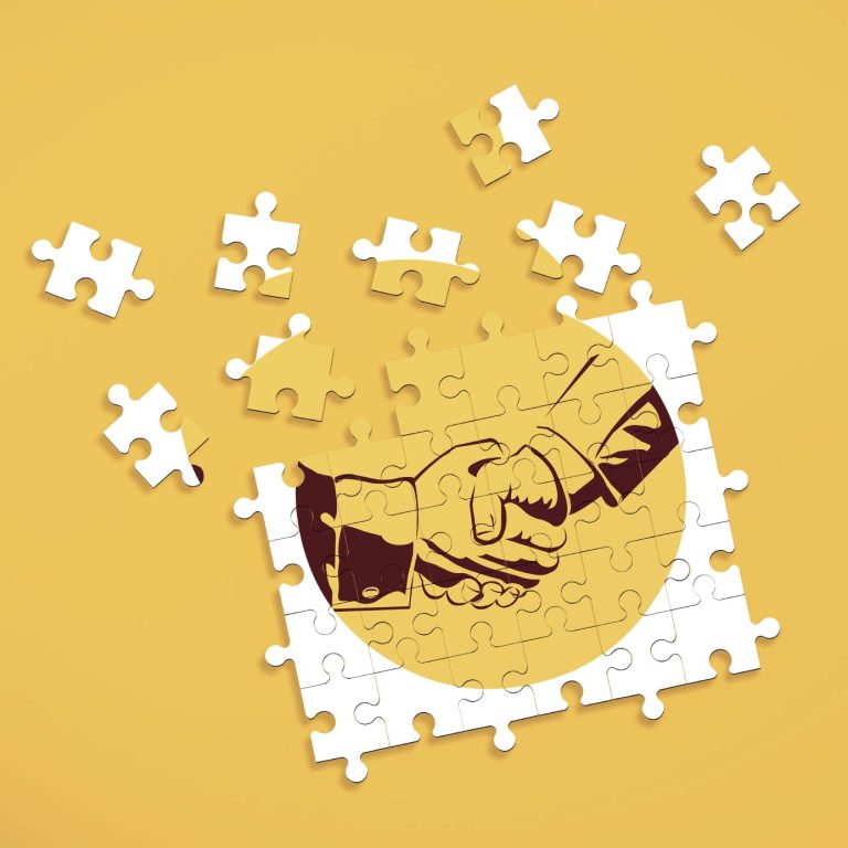 Händedruck innerhalb eines Puzzle-Rahmens auf gelbem Hintergrund.