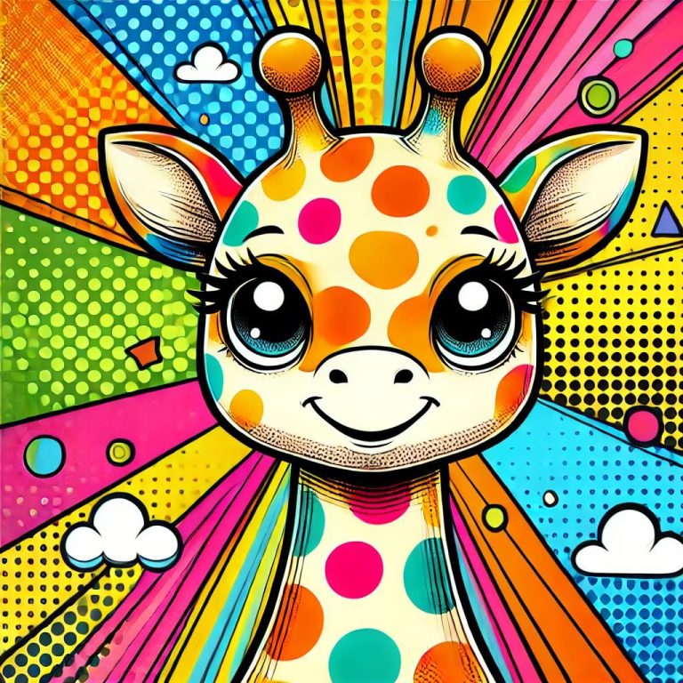 Bunte, cartoonhafte Giraffe mit großen Augen und Punkte-Muster vor einem strahlenden Hintergrund.
