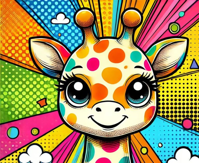Bunte, cartoonhafte Giraffe mit großen Augen und vielen bunten Punkten.